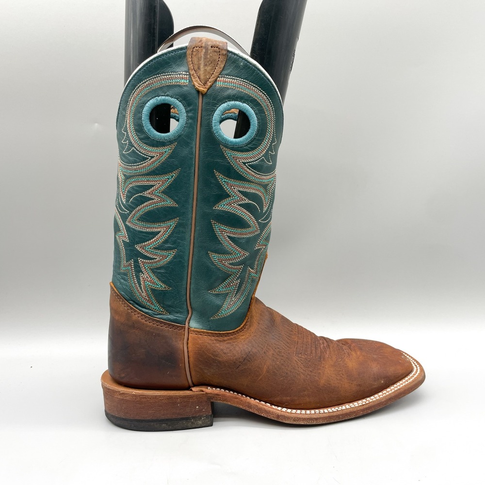 Justin Mens 6.5 D Bent Rail Western Cowboy Boots Brown Blue Leather Square Toe
